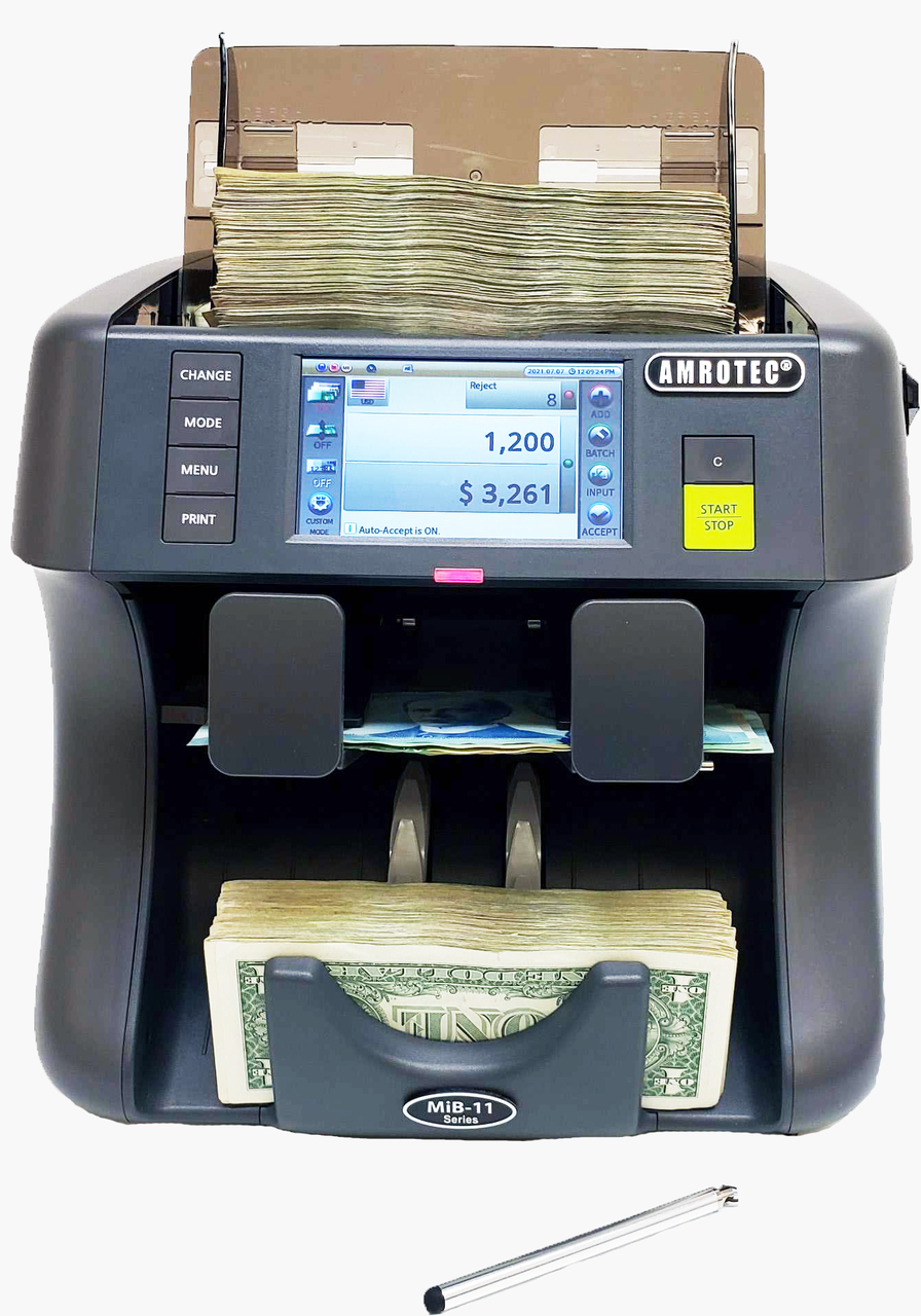 Amrotec MiB 11V Currency Discriminator Counter Bank level with high-performance, high-speed & heavy-duty with Counterfeit Detection Counting Speed 1200 to 1500 notes/min Counterfeit Detections 2 CIS, MR-UV-MG--IR